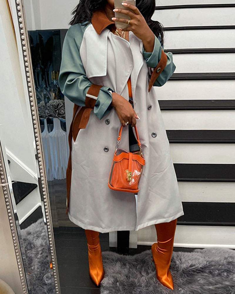 NEW Colorblock Double Breasted Belted Trench Coat