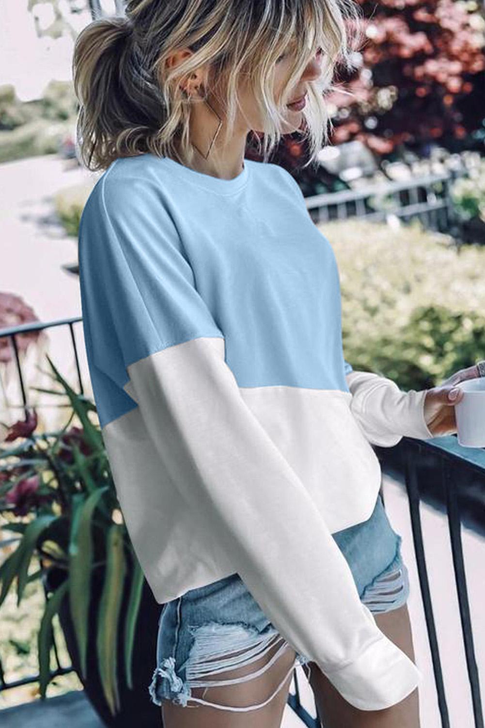 Light Blue Patchwork Dropped Shoulder Sleeve Sweatshirt