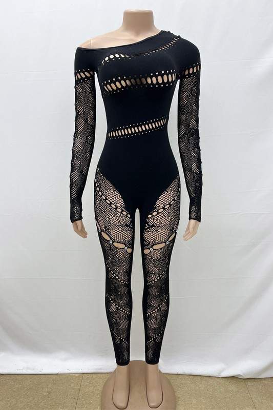 MESH KEYHOLES BODYCON JUMPSUITS