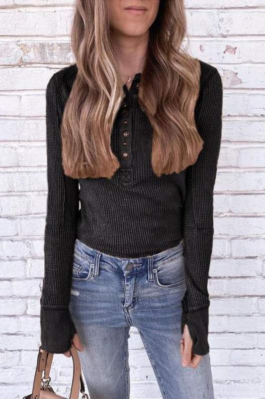 LONG SLEEVE BUTTON HENLEY TOP