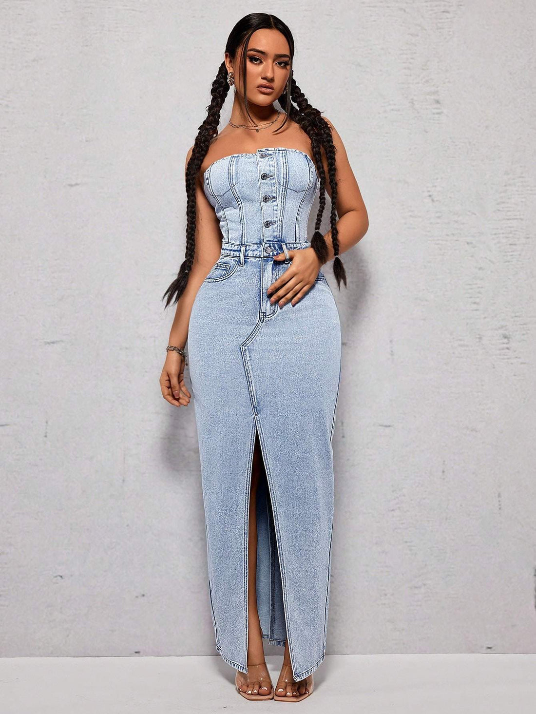 ICON STRAPLESS HIGH SLIT DENIM DRESS WITH STONE WASH