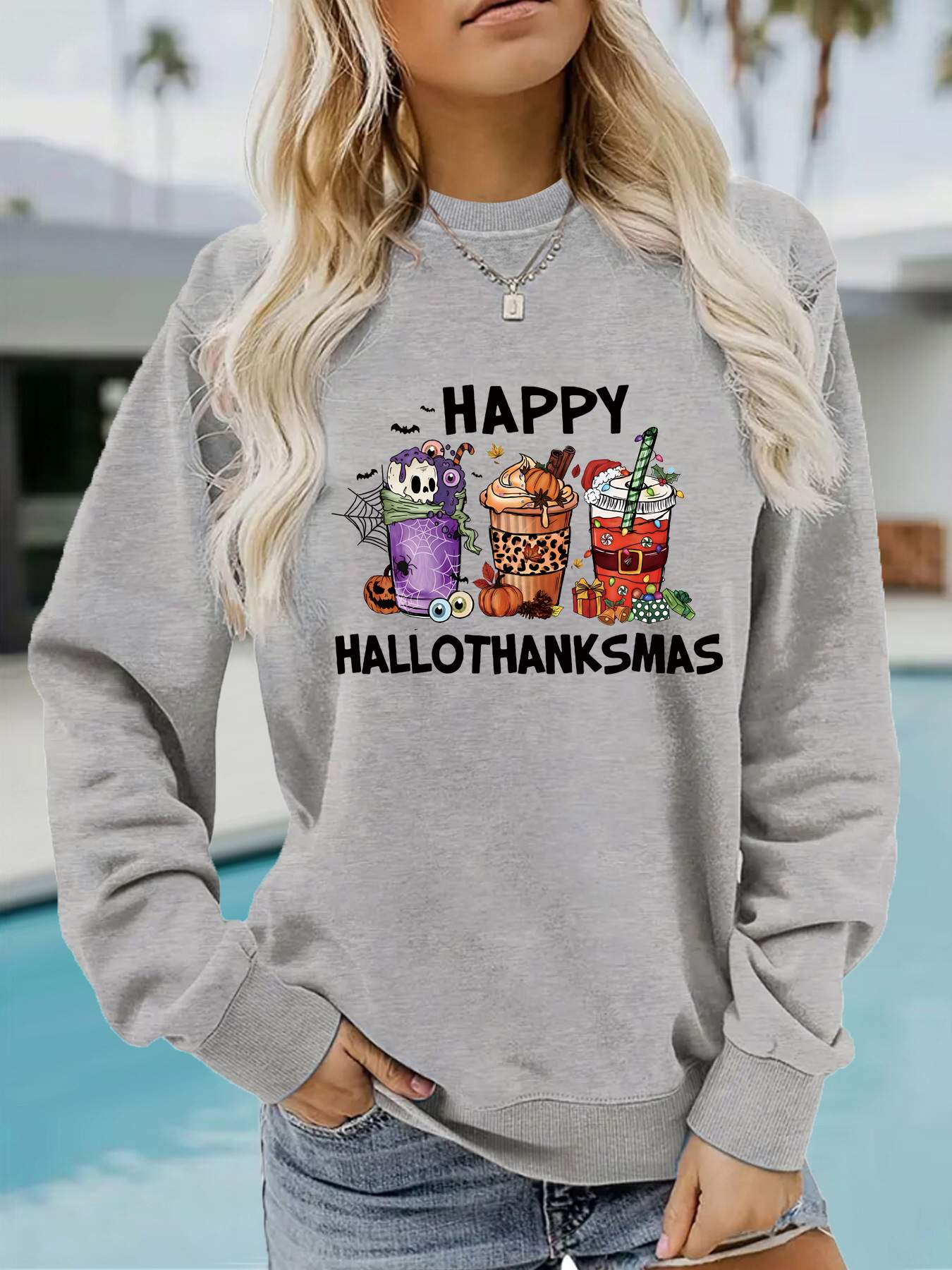 LONG SLEEVE ROUND NECK HAPPY HALLOWEEN THANKSGIVING CHRISTMAS TURTLENECK SWEATSHIRT