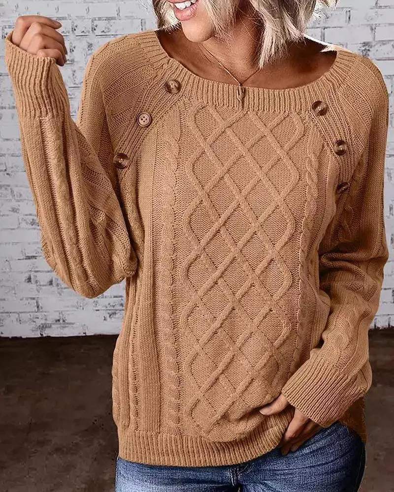 LONG SLEEVE BUTTON DECOR CABLE KNIT SWEATER