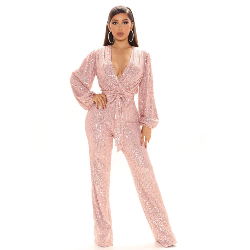 JUMPSUITS SEQUINS DEEP V NECK LONG SLEEVE PANTS PANTS