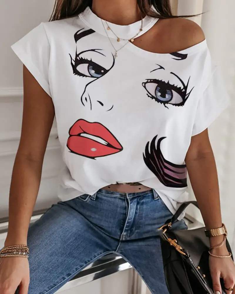 FIGURE PRINT COLD SHOULDER CASUAL T SHIRT