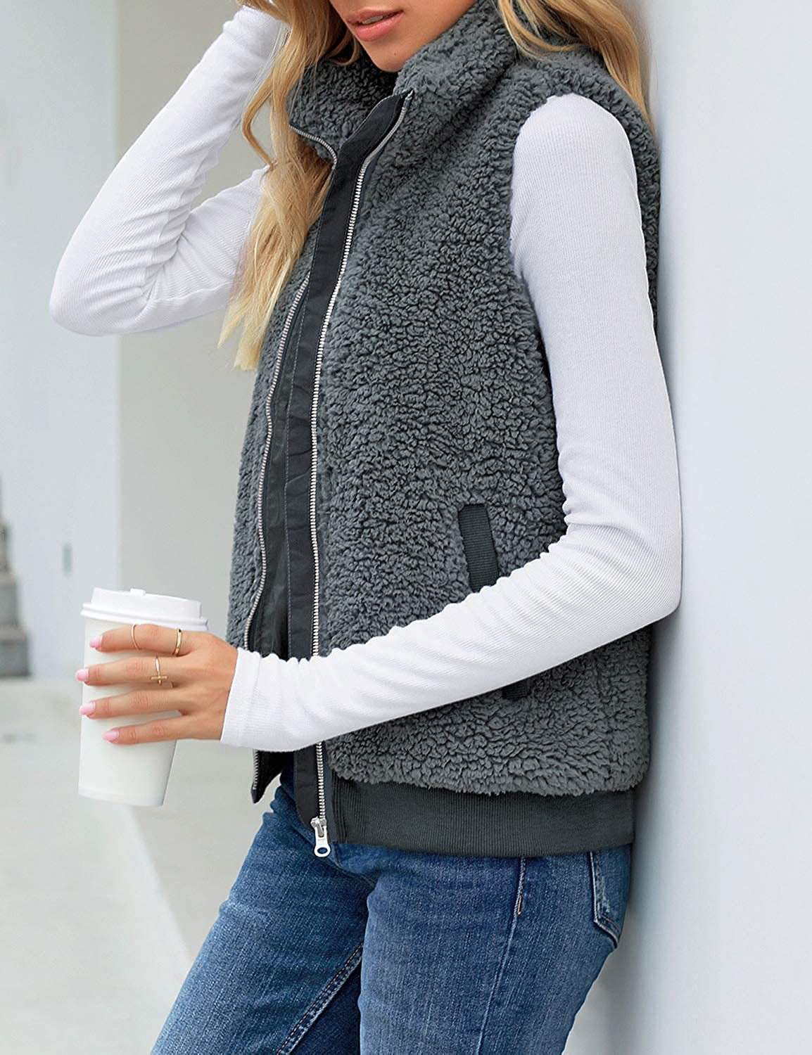 ZIPPER POCKET WARM FURRY VEST COAT FOR WOMEN