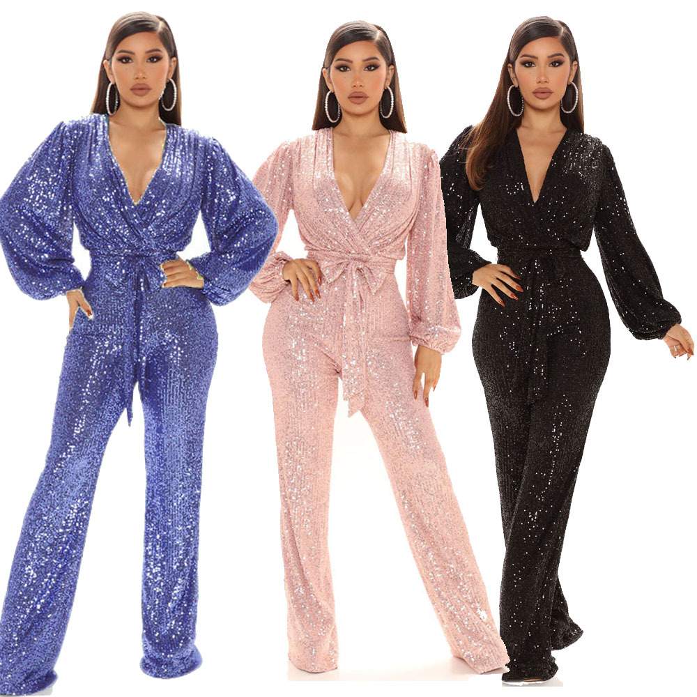 JUMPSUITS SEQUINS DEEP V NECK LONG SLEEVE PANTS PANTS