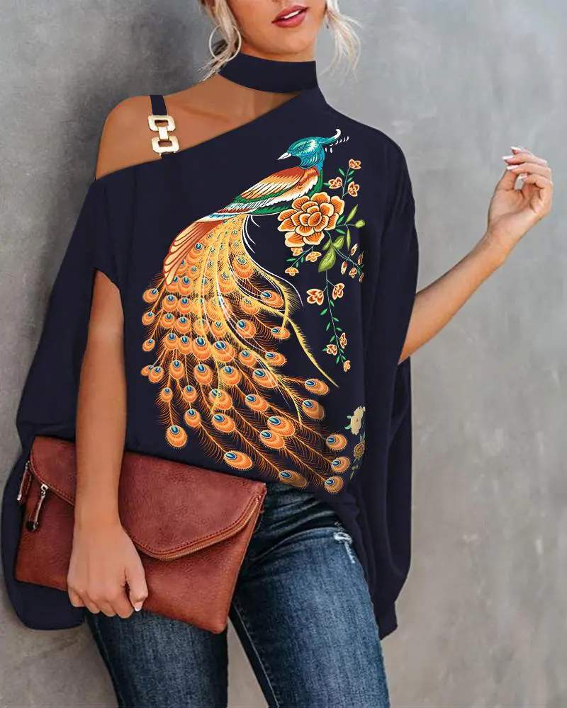 PEACOCK FLORAL PRINT CHAIN STRAP COLD SHOULDER TOP