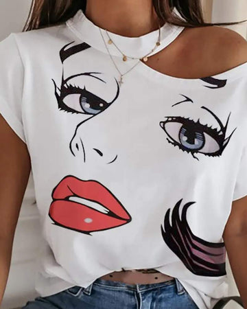 FIGURE PRINT COLD SHOULDER CASUAL T SHIRT