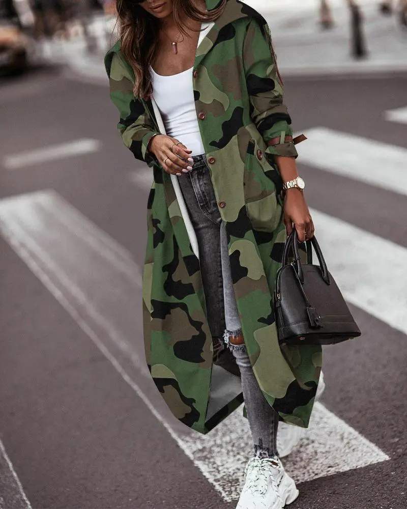 CAMO PRINT POCKET DESIGN LONG SLEEVE TRENCH COAT