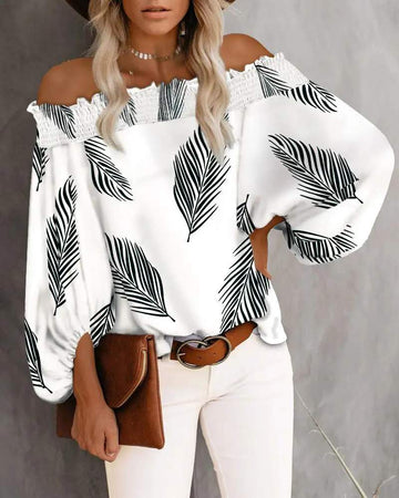 SHIRRED OFF SHOULDER LANTERN SLEEVE LEAF PRINT TOP