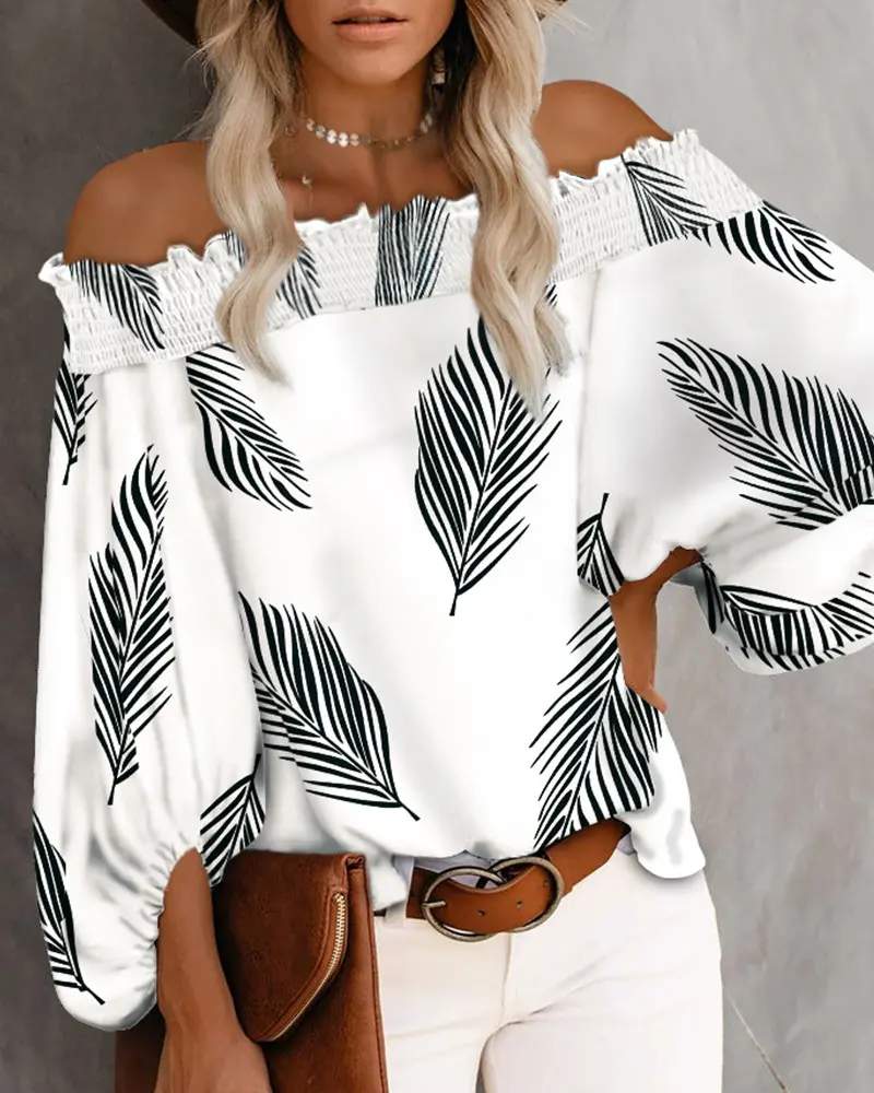 SHIRRED OFF SHOULDER LANTERN SLEEVE LEAF PRINT TOP