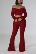 OFF SHOULDER KNIT TOP AND PANTS SET