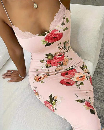 LACE TRIM SPAGHETTI STRAP FLORAL PRINT DRESS