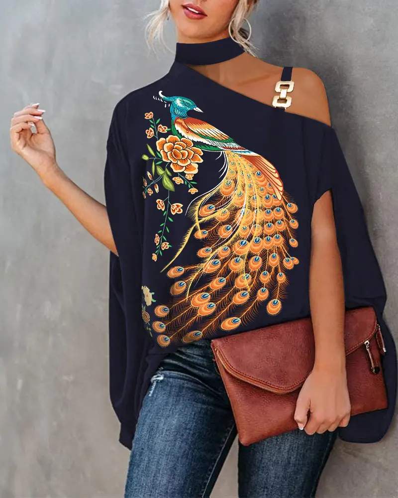 PEACOCK FLORAL PRINT CHAIN STRAP COLD SHOULDER TOP