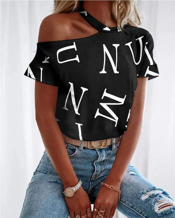 LETTER PRINT COLD SHOULDER CASUAL T SHIRT