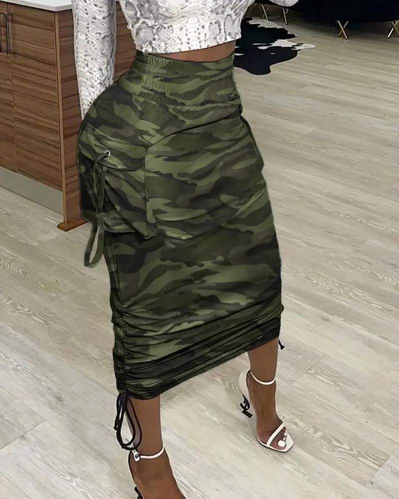 CAMOUFLAGE PRINT POCKET DESIGN RUCHED MAXI SKIRT