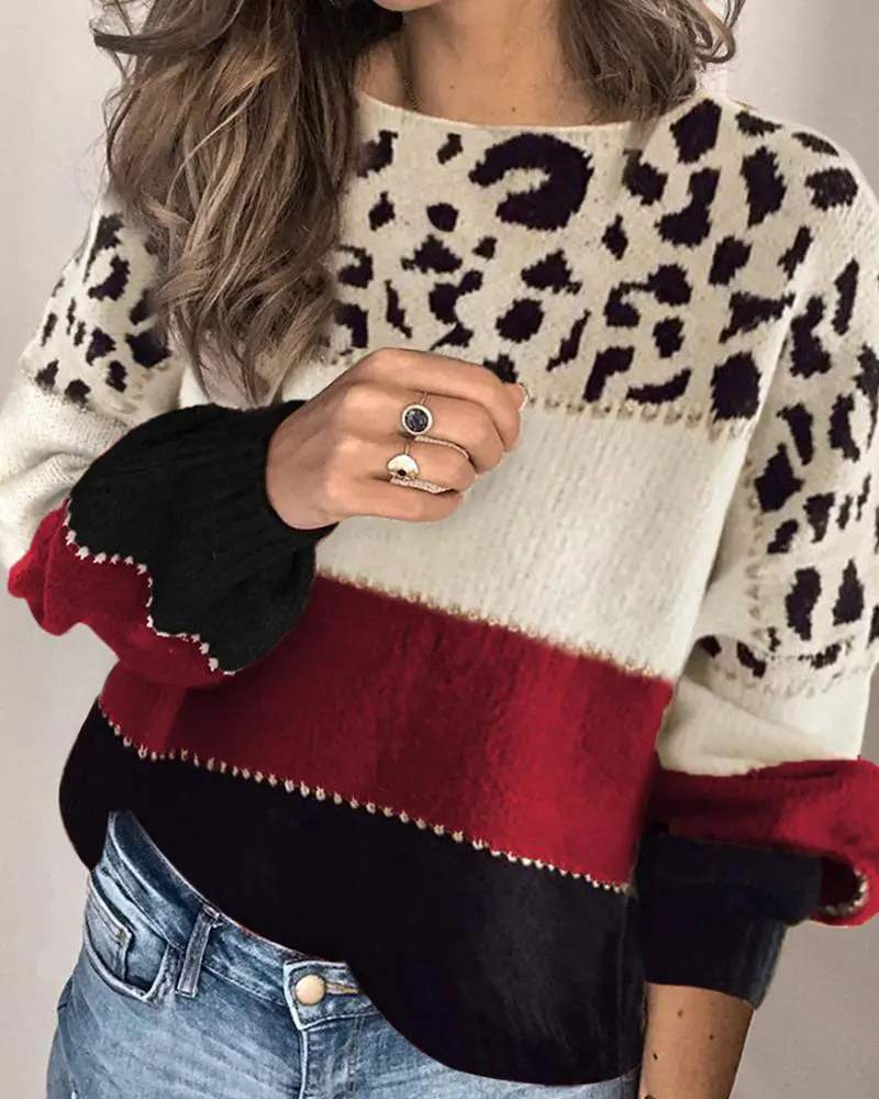 CONTRAST LEOPARD COLORBLOCK LONG SLEEVE SWEATER