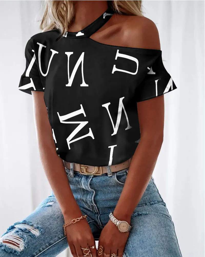 LETTER PRINT COLD SHOULDER CASUAL T SHIRT