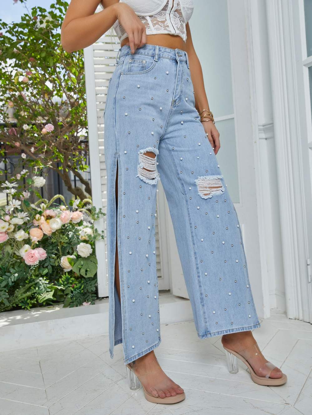 PEARL RIPPED FRAYED SPLIT THIGH WIDE LEG JEANS