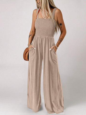 ACELITT SOLID SLANT POCKET WIDE LEG CAMI JUMPSUIT