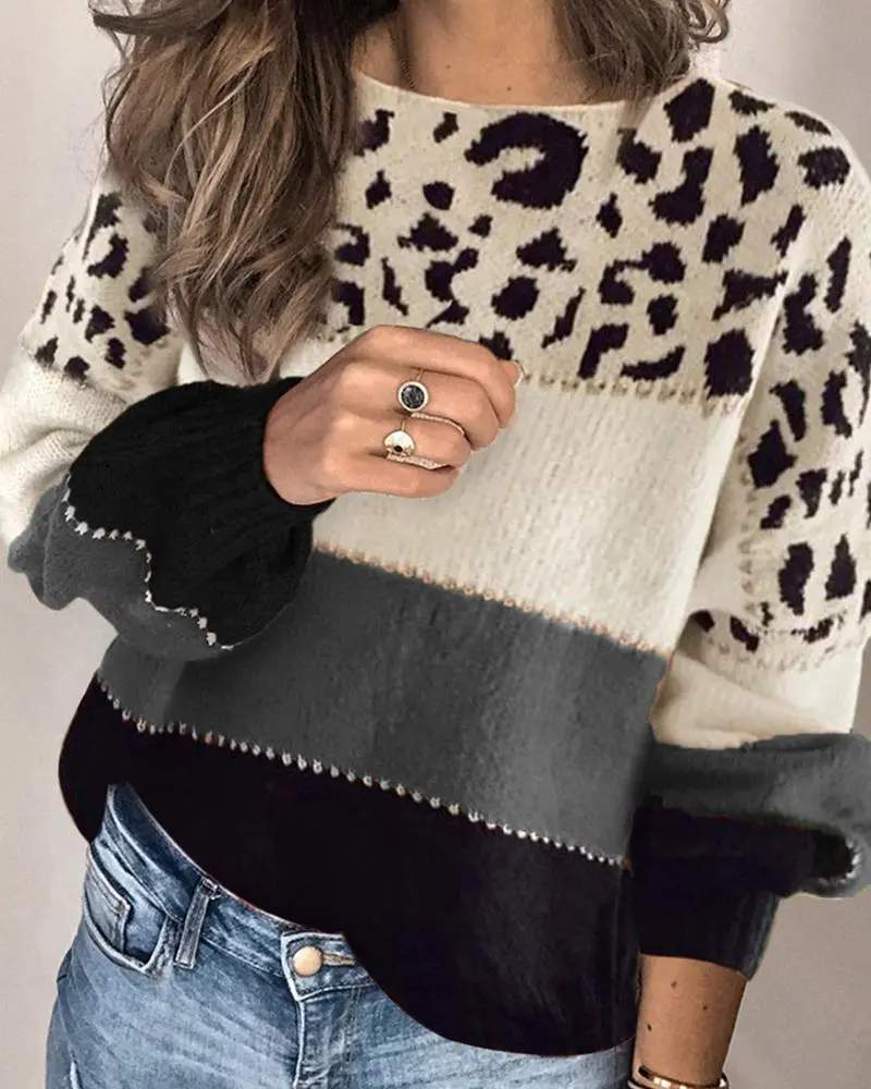 CONTRAST LEOPARD COLORBLOCK LONG SLEEVE SWEATER