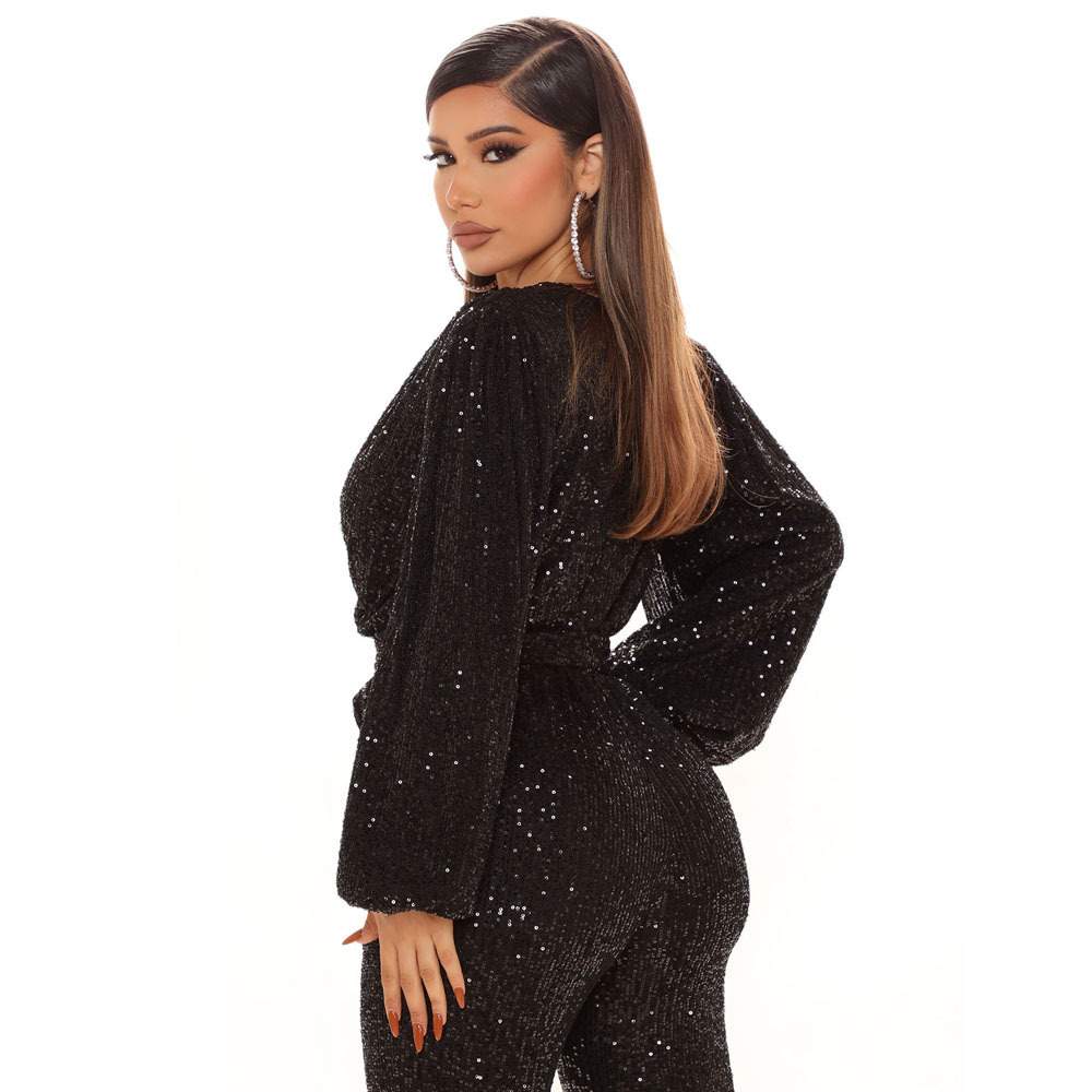 JUMPSUITS SEQUINS DEEP V NECK LONG SLEEVE PANTS PANTS