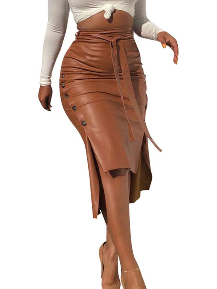 WOMEN SKIRT COFFEE BROWN LACE UP LEATHER MIDCALF LENGTH IRREGULAR BODYCON WOMEN BOTTOMS