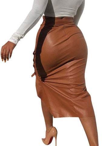 WOMEN SKIRT COFFEE BROWN LACE UP LEATHER MIDCALF LENGTH IRREGULAR BODYCON WOMEN BOTTOMS