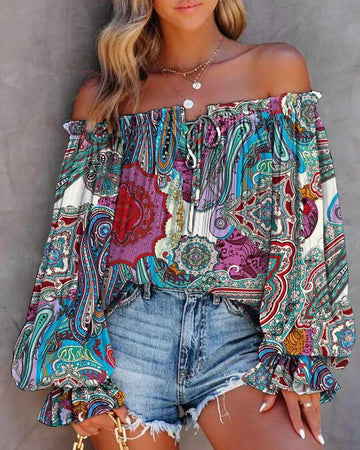 TRIBAL PRINT OFF SHOULDER LANTERN SLEEVE TOP