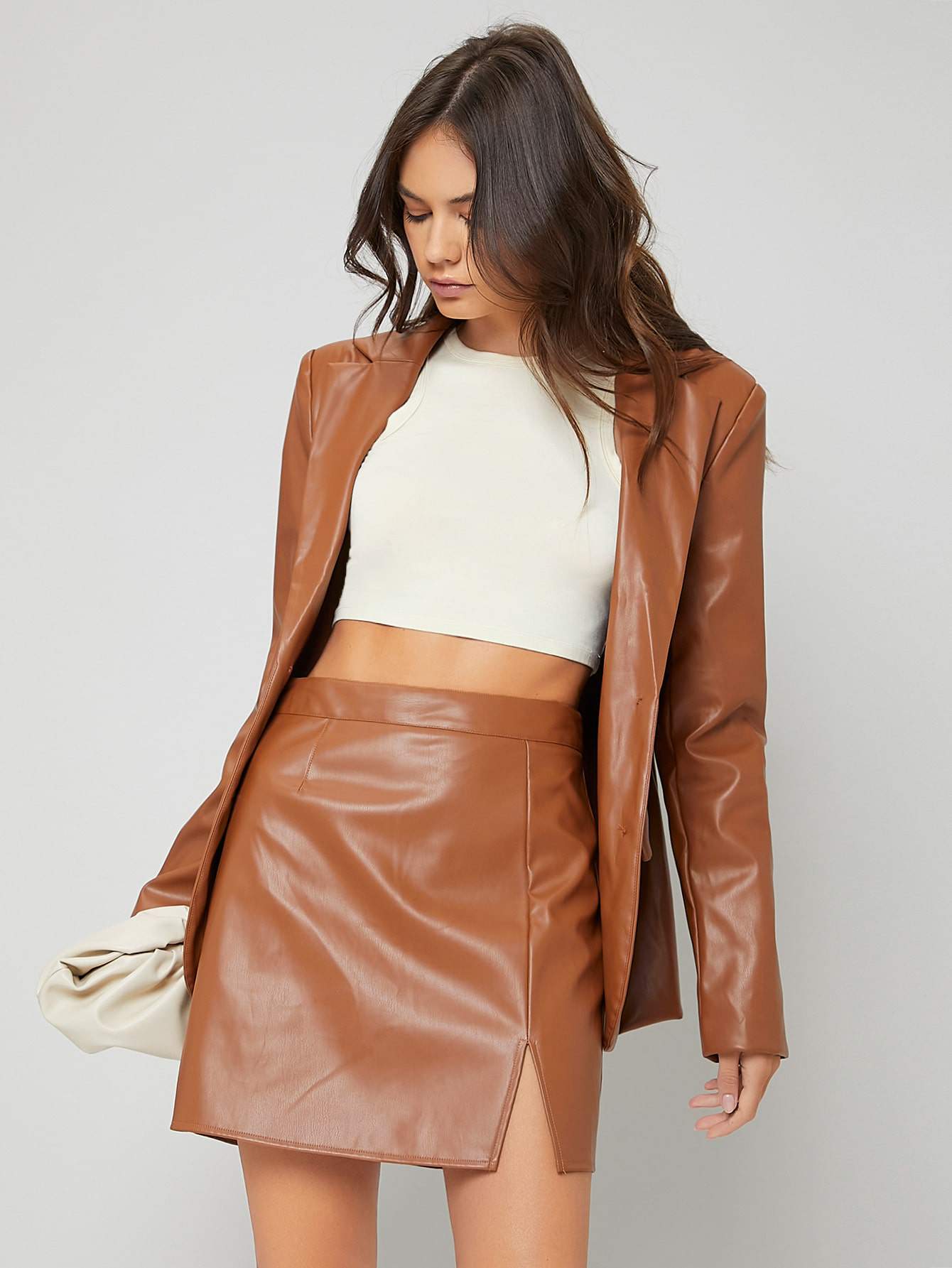 BASICS SOLID ZIP BACK SPLIT HEM PU LEATHER STRAIGHT SKIRT