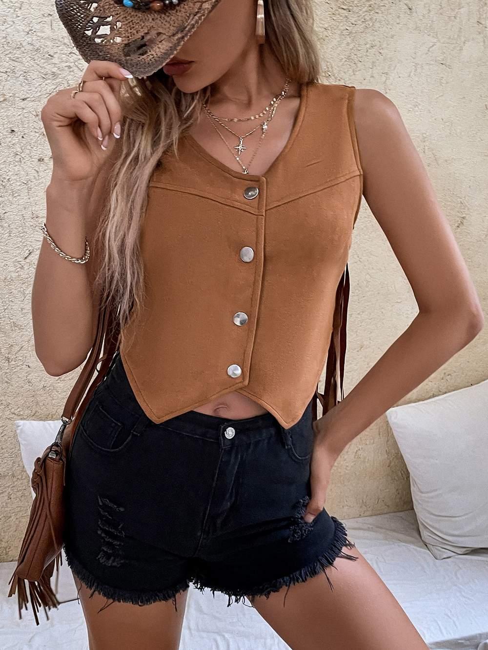 FRINGE TRIM SUEDETTE VEST JACKET