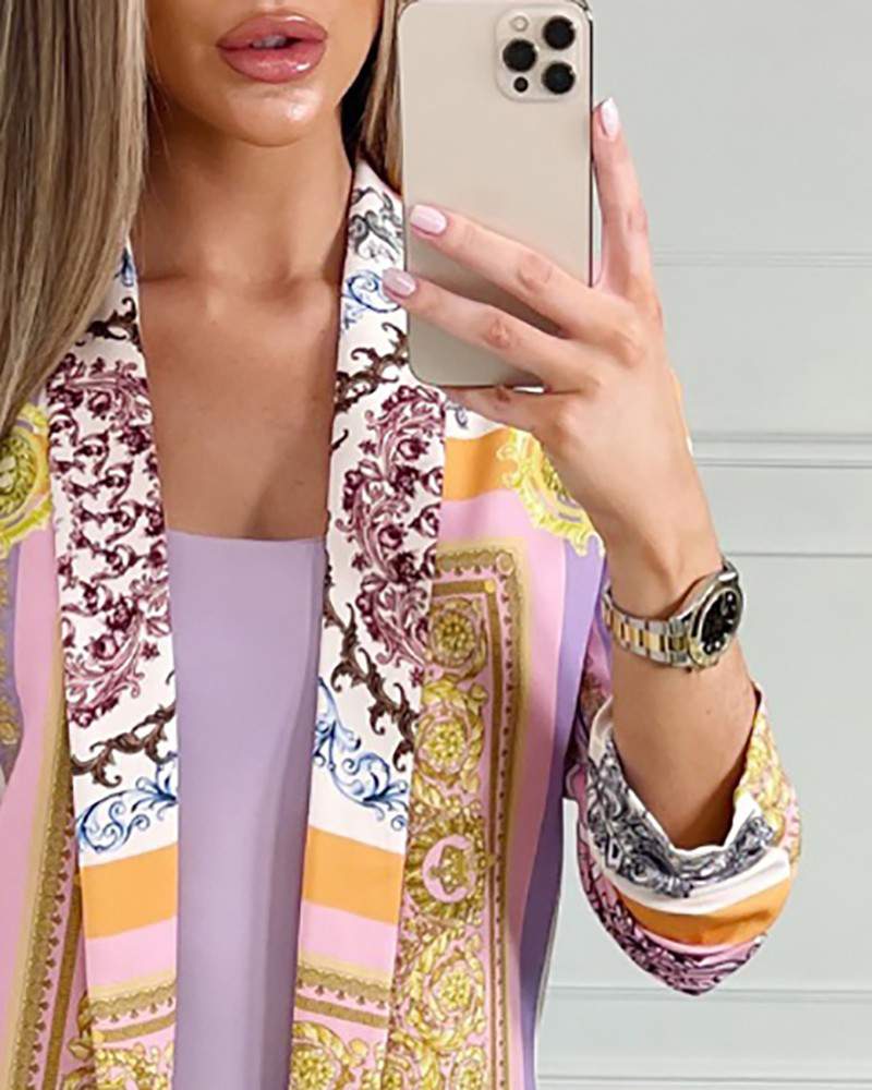 Scarf Print Pocket Decor Long Sleeve Blazer Coat