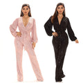 JUMPSUITS SEQUINS DEEP V NECK LONG SLEEVE PANTS PANTS