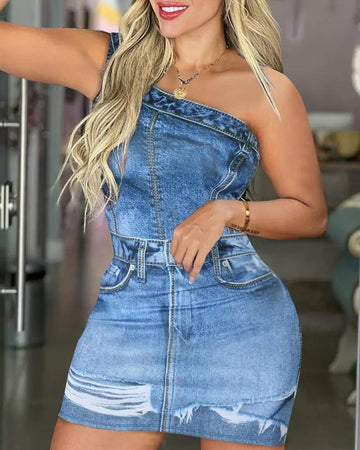 DENIM LOOK PRINT ONE SHOULDER BODYCON DRESS