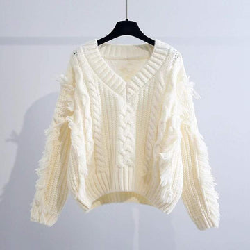 SHORT V NECK TWIST SWEATER  THICK  LOOSE  TASSEL KNITTED