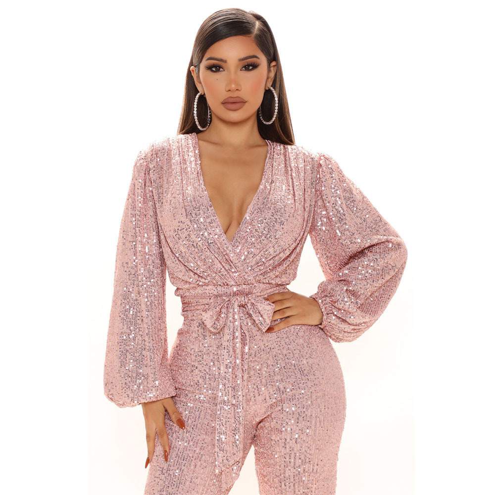 JUMPSUITS SEQUINS DEEP V NECK LONG SLEEVE PANTS PANTS