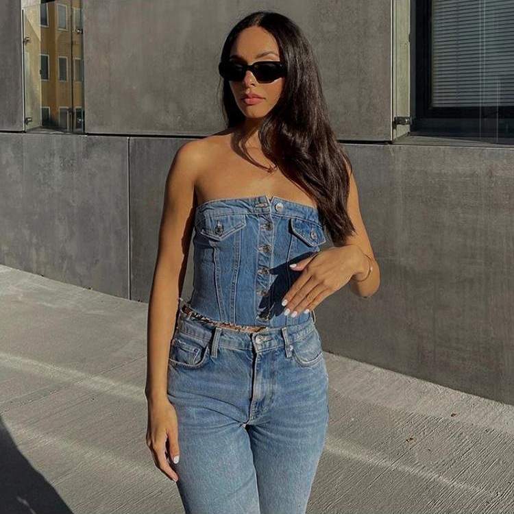 TRENDY WOMEN BUTTON UP BLUE DENIM STRAPLESS TOPS