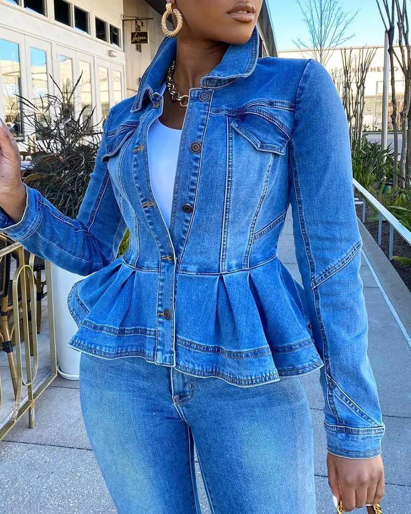 RUFFLES BUTTONED POCKET DESIGN DENIM COAT