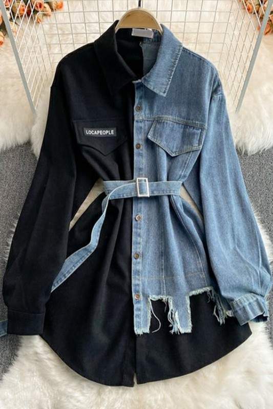 DENIM MIXED BELTED SHIRT