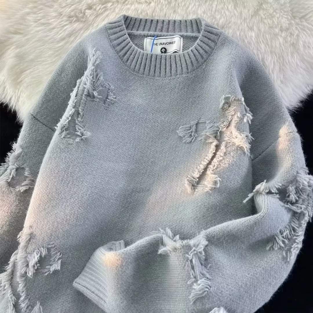 RIPPED SWEATER ROUND NECK PULLOVER  HIGH STREET  