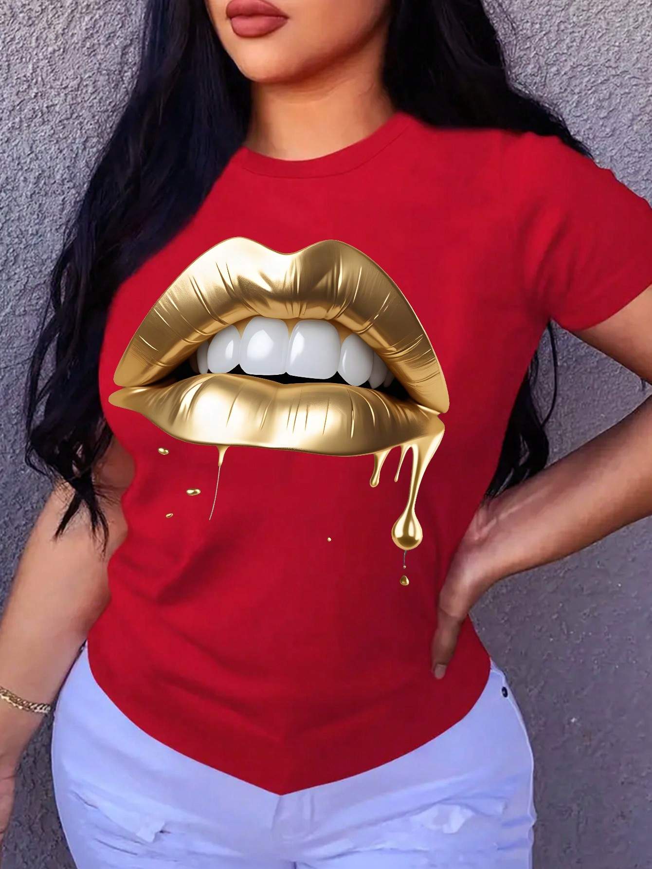 LIPS PATTERN PRINTED SHORT SLEEVE T SHIRT