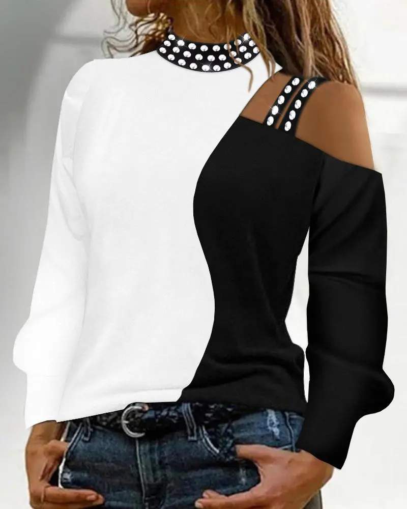 RHINESTONE DECOR COLORBLOCK COLD SHOULDER TOP