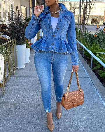 RUFFLES BUTTONED POCKET DESIGN DENIM COAT