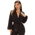 JUMPSUITS SEQUINS DEEP V NECK LONG SLEEVE PANTS PANTS