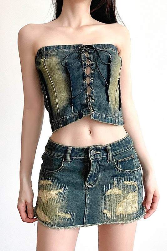 STRAPLESS DENIM CROP TOP AND SKIRTS SET