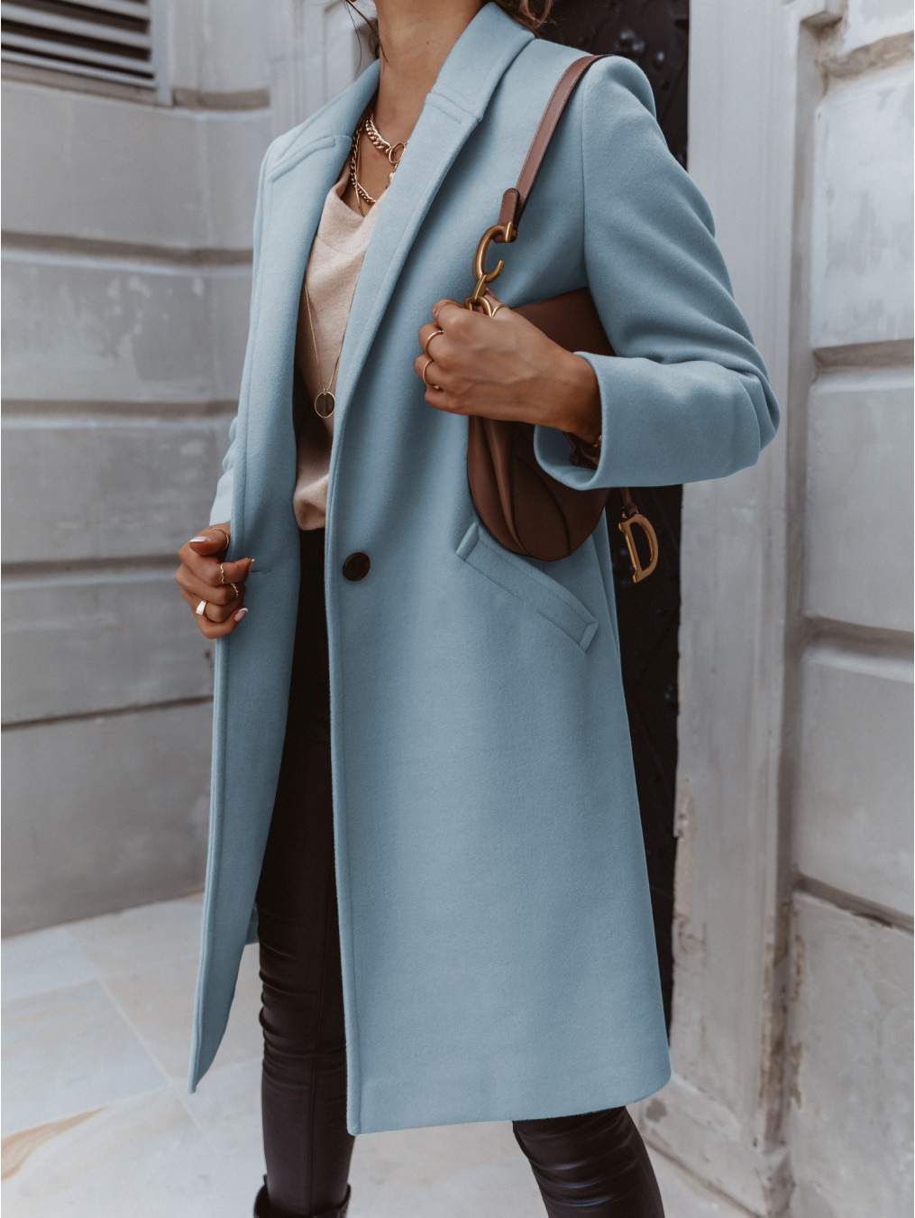 SOLID COLOR LAPEL  BUTTON TWEED COAT