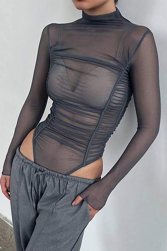 RUCHED MESH BODYSUIT TOP