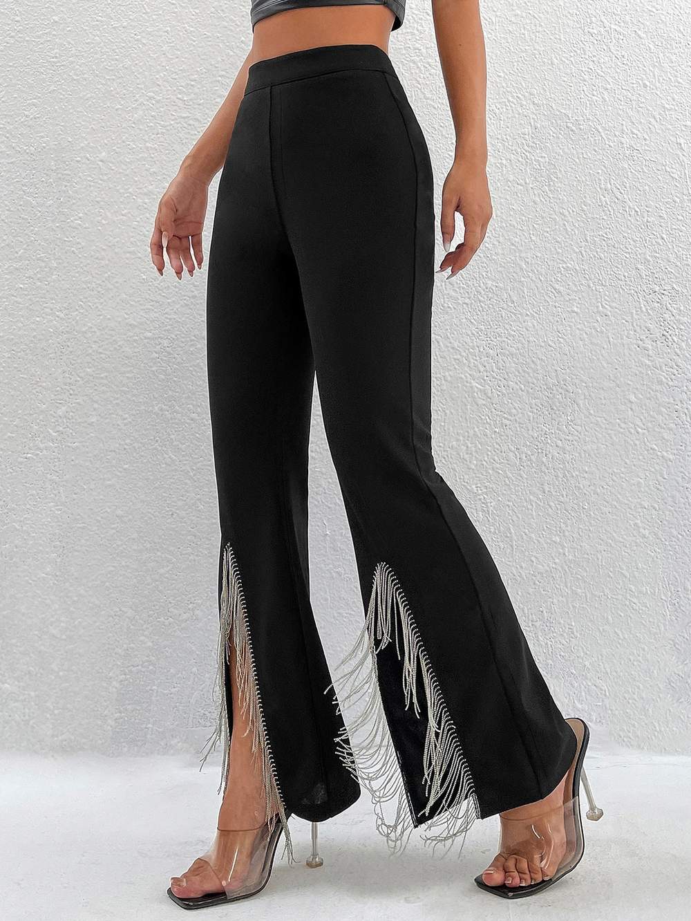 PETITE FRINGE TRIM SPLIT HEM FLARE LEG PANTS