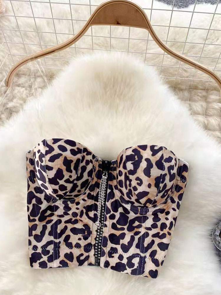 SEXY TUBE TOP FOR WOMEN STRAPLESS SLEEVELESS ZIPPER LEOPARD PRINT POLYESTER SUMMER TOPS